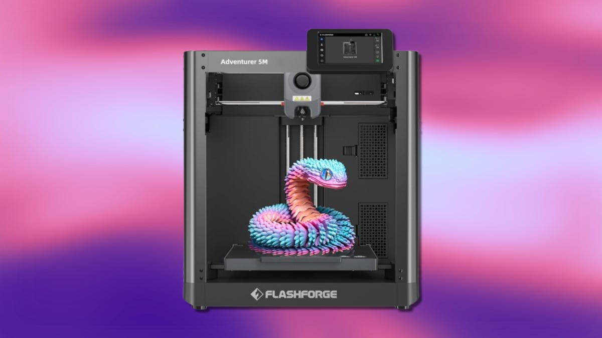 An image of a Flashforge Adventurer 5M 3D printer, 3D-printing a snake figurine