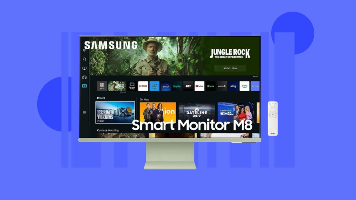 The Spring Green variant of the Samsung 27-inch M80C UHD HDR smart computer monitor is displayed against a blue background.