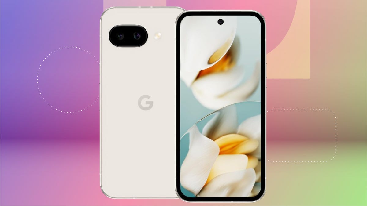 Google Pixel smartphone shown front and back, with abstract blue-black wallpaper on screen and ‘G’ logo on back. Set against green gradient background with faint ‘Cyber Monday’ text. Includes orange-white ‘Deal! Deal!’ sticker and diamond-shaped ‘Available Now’ badge with black stars.