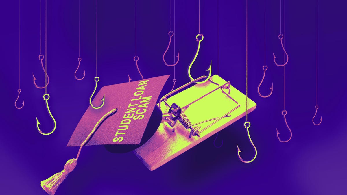 Graduate Cap with the words "Student Loan Scam" place on top of a mouse trap surrounded by fishing hooks