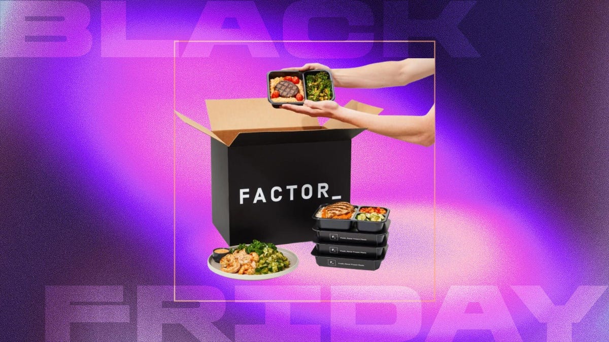 Factor meal kit box with meal kits on a purple background.