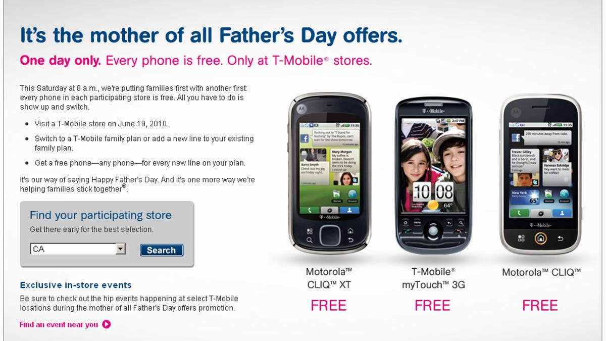 T-Mobile is offering every phone in every T-Mobile store for free, only on June 19.