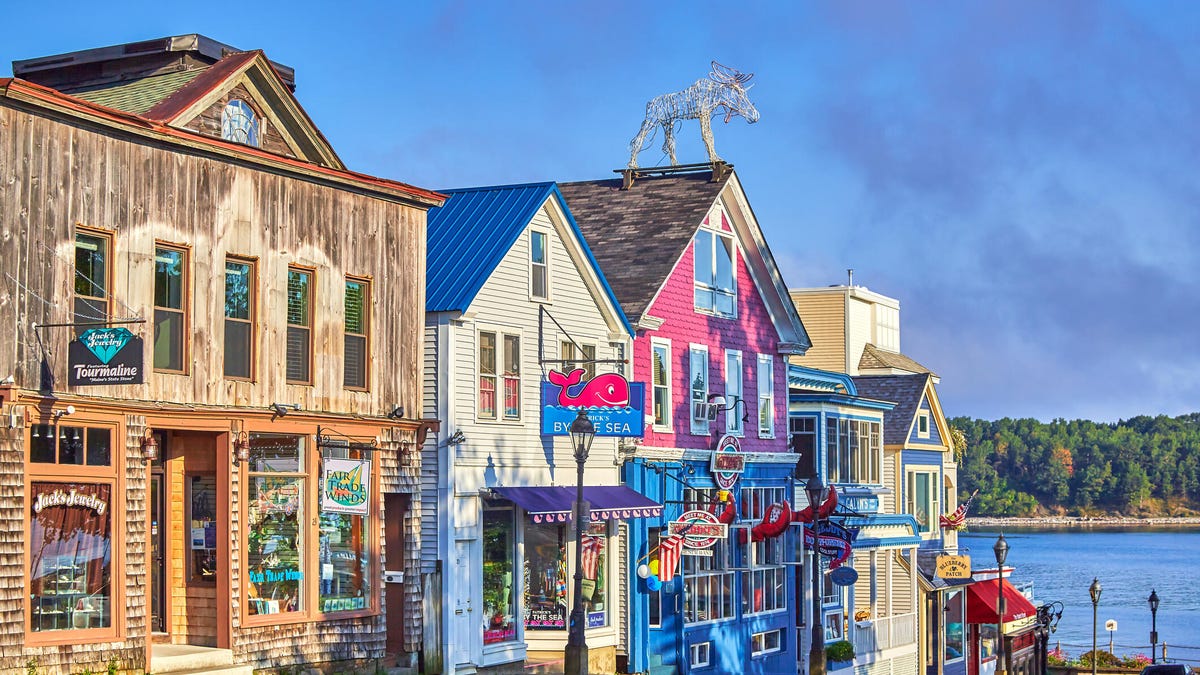 A row of storefronts in Bar Harbor, Maine.