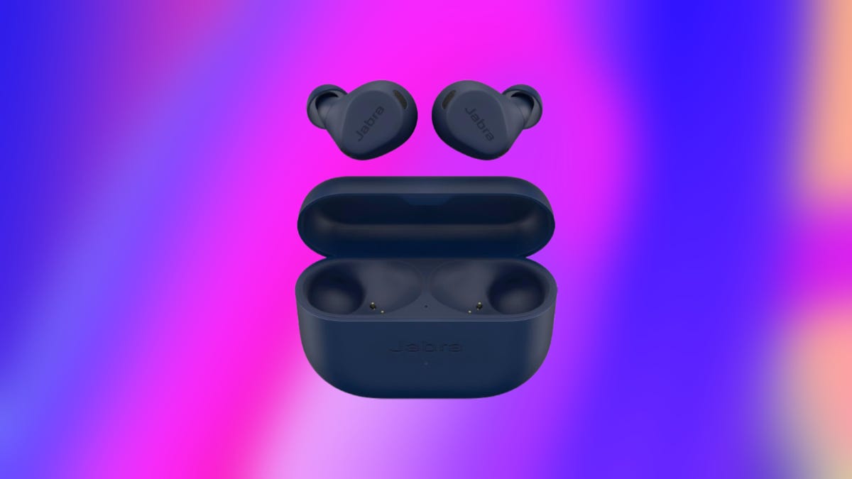 Jabra wireless earbuds on display outside case against a gradient purple and pink background