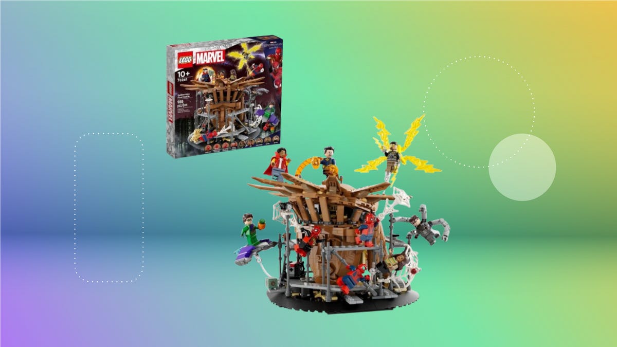 The Spider-Man No Way Home Lego set on a purple and green background