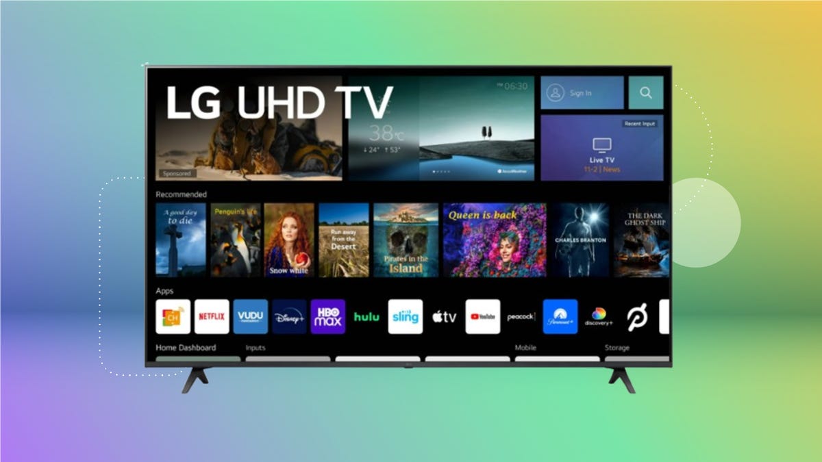 A television suggested shows and icons for 13 streaming apps, set against a green and purple background