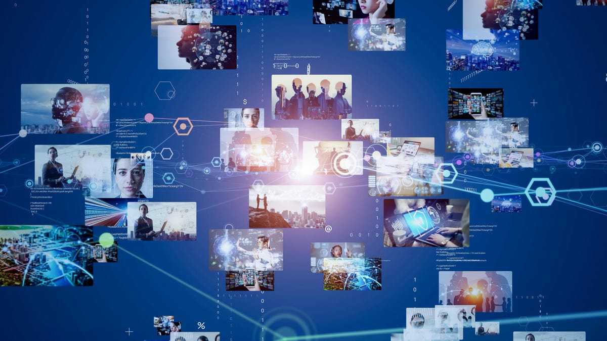 Illustration of floating videos against a blue cyber background.