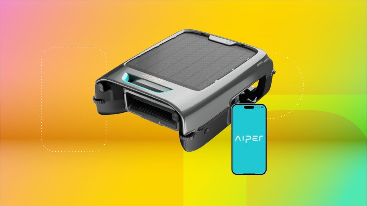 Left: Black pool cleaner, right: smartphone with Aiper logo against coral, golden yellow, yellow and green gradient.