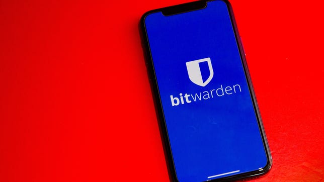 Bitwarden logo on a smartphone