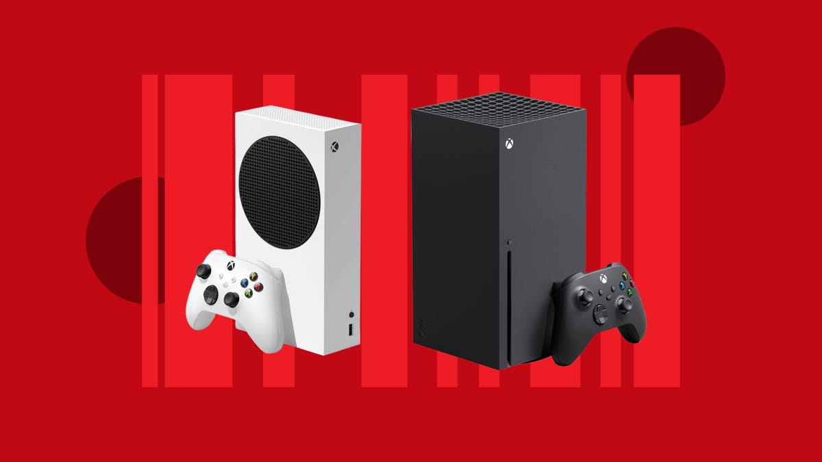 The Xbox Series S console and controller and the Xbox Series X console and controller are displayed against a red background.