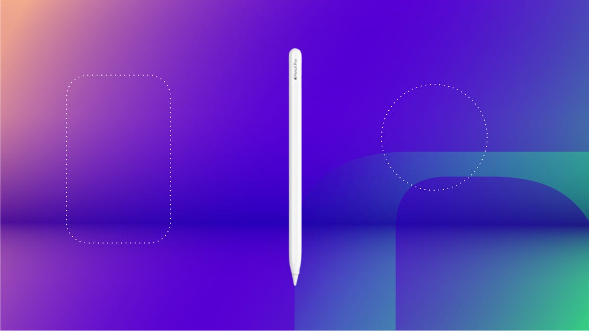White Apple pencil pro against purple CNET background.