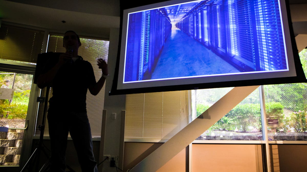 Last year, Facebook executives discussed their green data center plans with reporters. One executive showed this shot inside a Facebook's data center that uses blue LED lights instead of cheaper green LED lights.