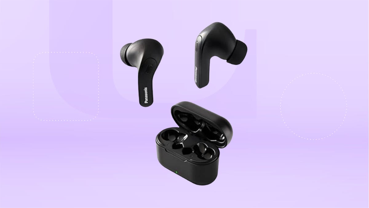 Black earbuds with a black case set against a lavender background.