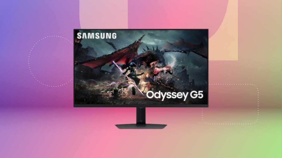 Shows the Samsung Odyssey G50D on a pink background.