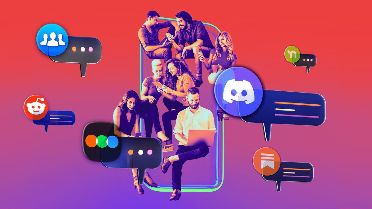 text bubbles surrounding people on devices