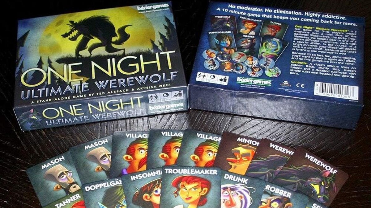 a picture of One Night Werewolf card game showing the box and player cards