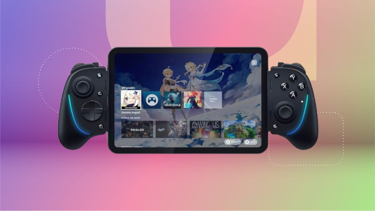 Black gaming controller with tablet between its side handles. Background: purple, pink and green gradient.