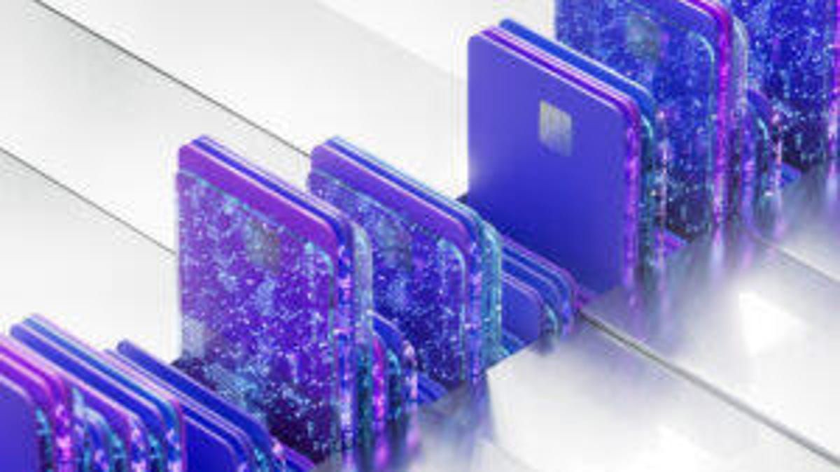 Purple credit cards in a line