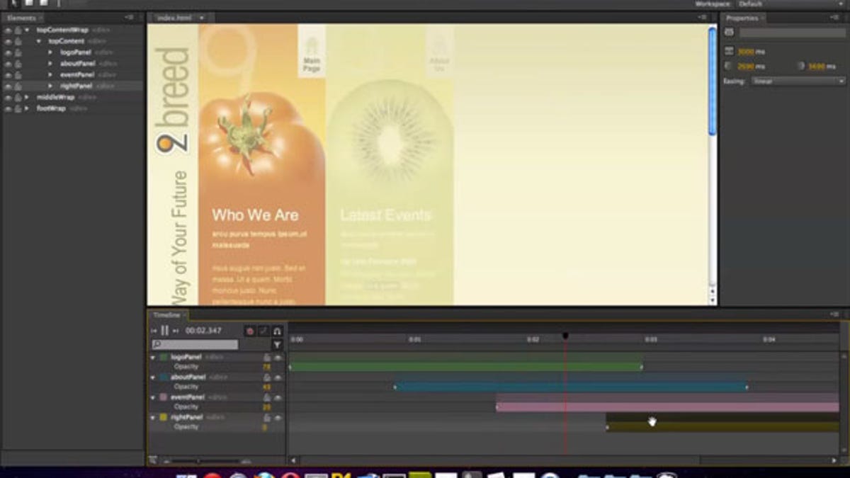 The Adobe Edge software lets programmers add pre-roll effects to Web page loads. In this case, different panels of a Web page fade in gradually, in stages.