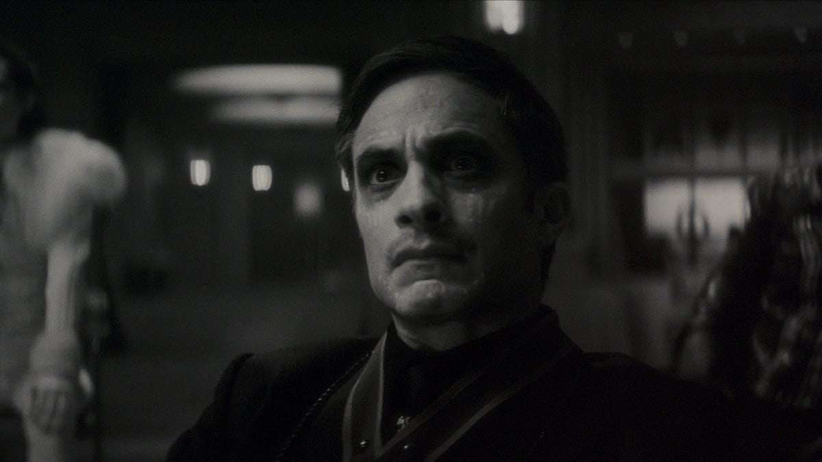 Gael García Bernal frowns in retro black and white for Marvel's horror pastiche Werewolf by Night.