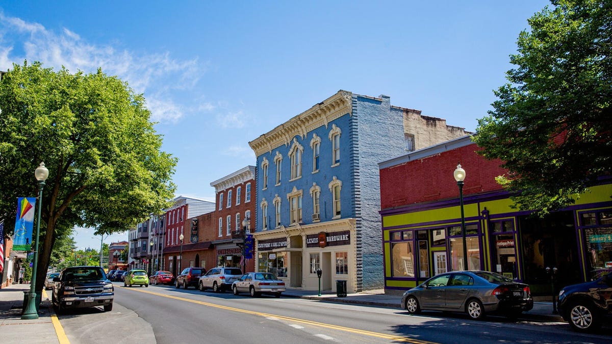 a picture of downtown Martinsburg, West Virginia showing brightly colored buildings