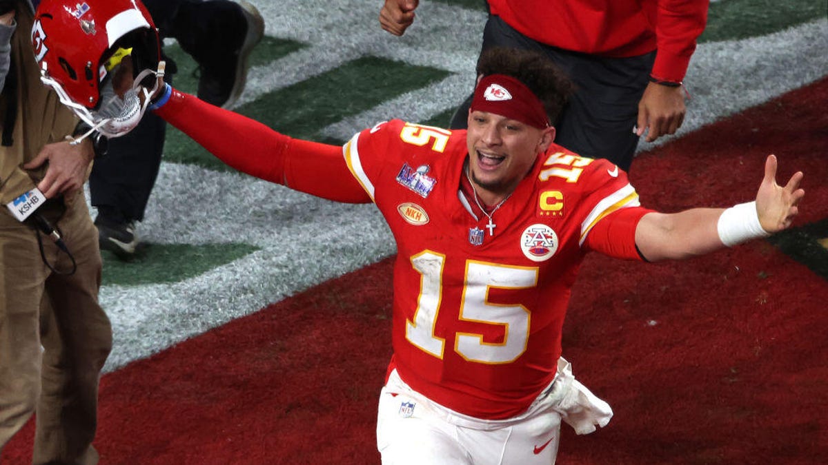 Patrick Mahomes of the Kansas City Chiefs celebrates after defeating the San Francisco 49ers Super Bowl LVIII in February