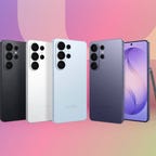 Four different colored phones against a purple/pink gradient CNET background.