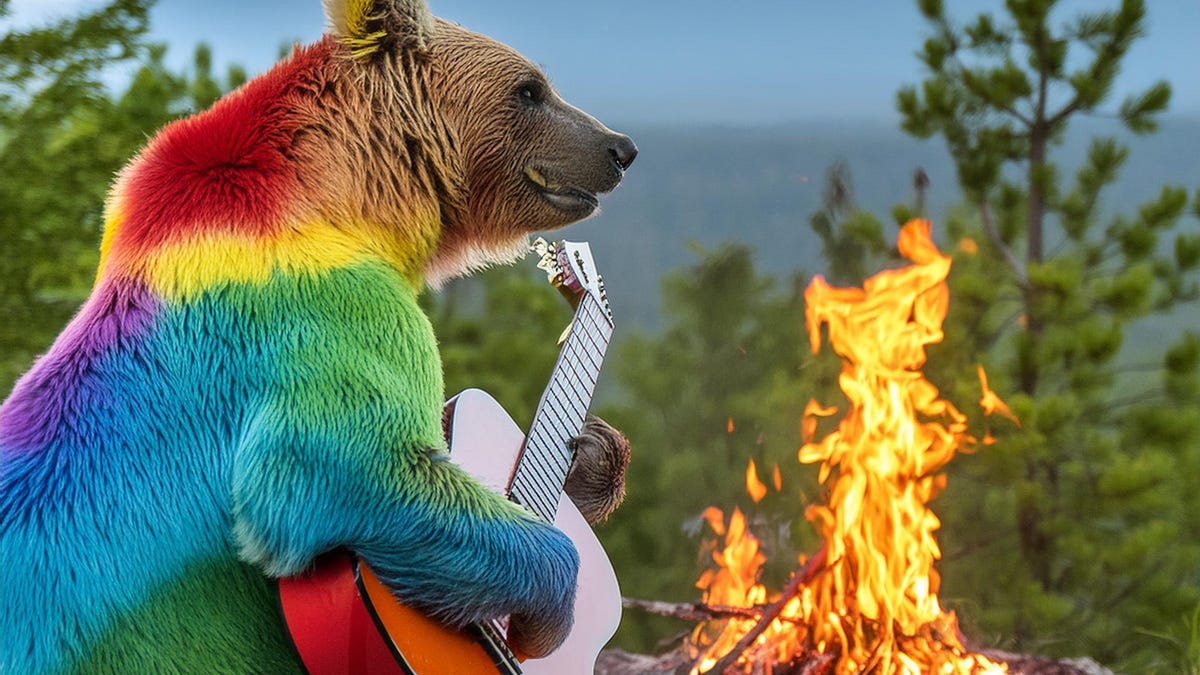 A rainbow bear plays a guitar by a campfire in an image generated by Adobe Firefly's Image 3 model.
