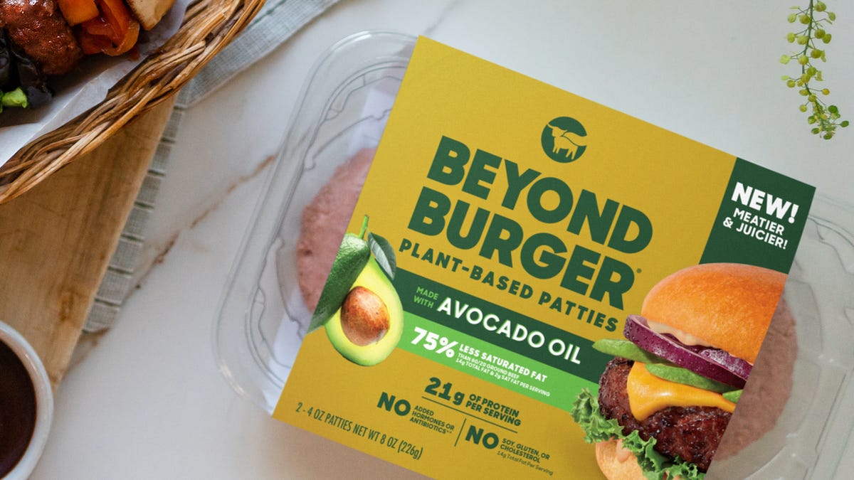 beyond beef packaging next to burger