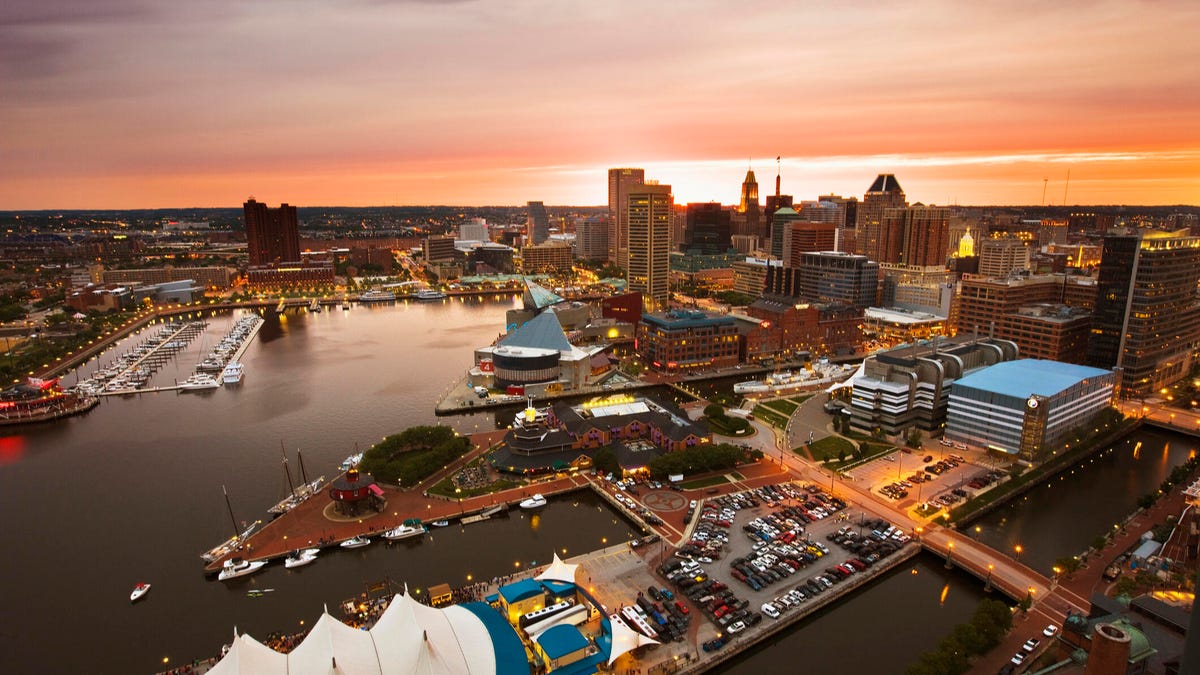 An image of Baltimore's Inner Harbor at sunset.