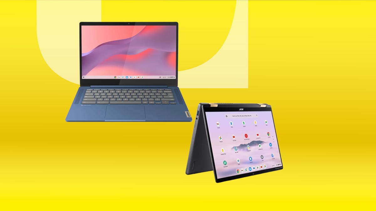Shows two chromebooks on a yellow background.