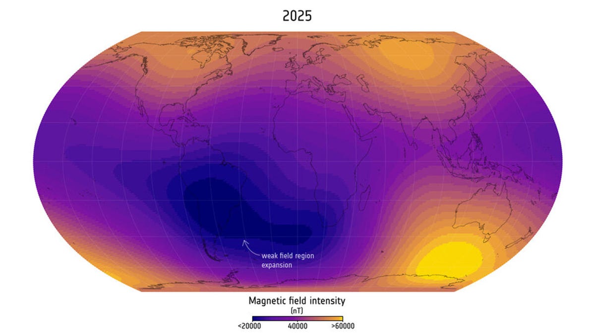 A heat map showing the intensity of Earth's magnetic field