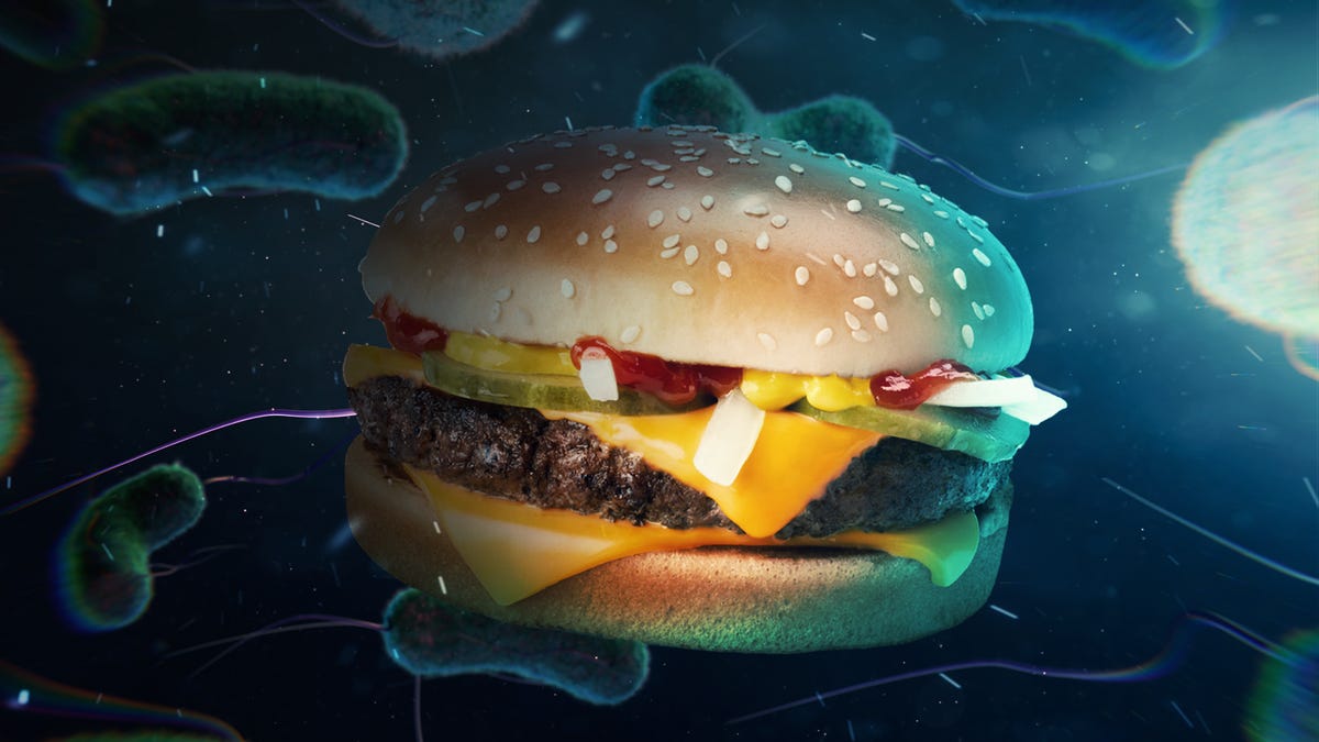 mcdonald's quarterpounder and E. coli bacteria surrounding it
