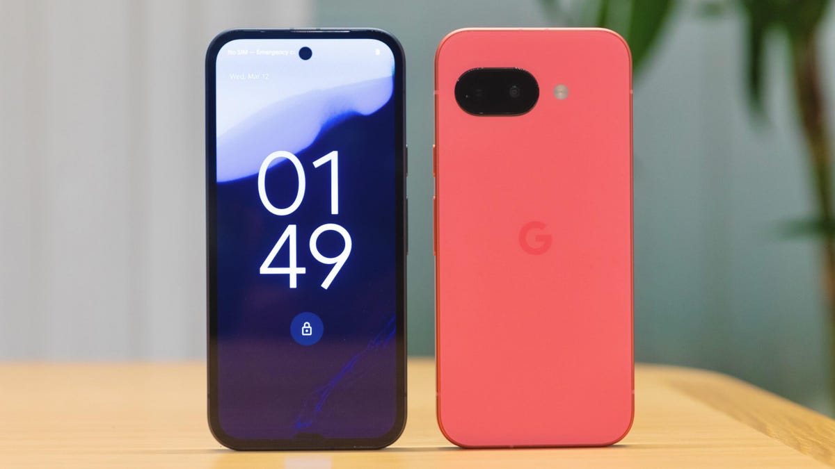 Two Google Pixel 9As one facing forward the other backwards