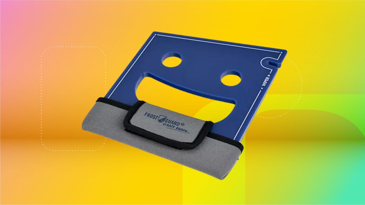 Navy blue FrostGuard scraper with black and white accents against peach, yellow, and mint green.