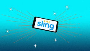 A phone with the Sling TV logo against a blue background.