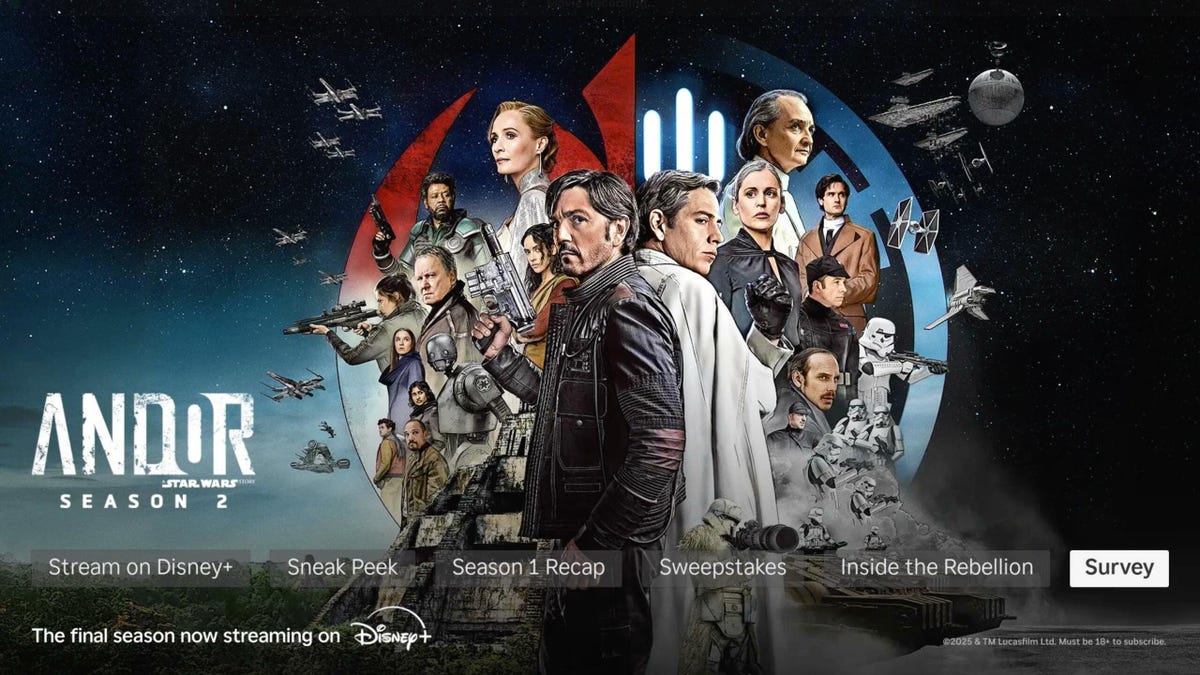 andor characters stand surrounded by space graphics