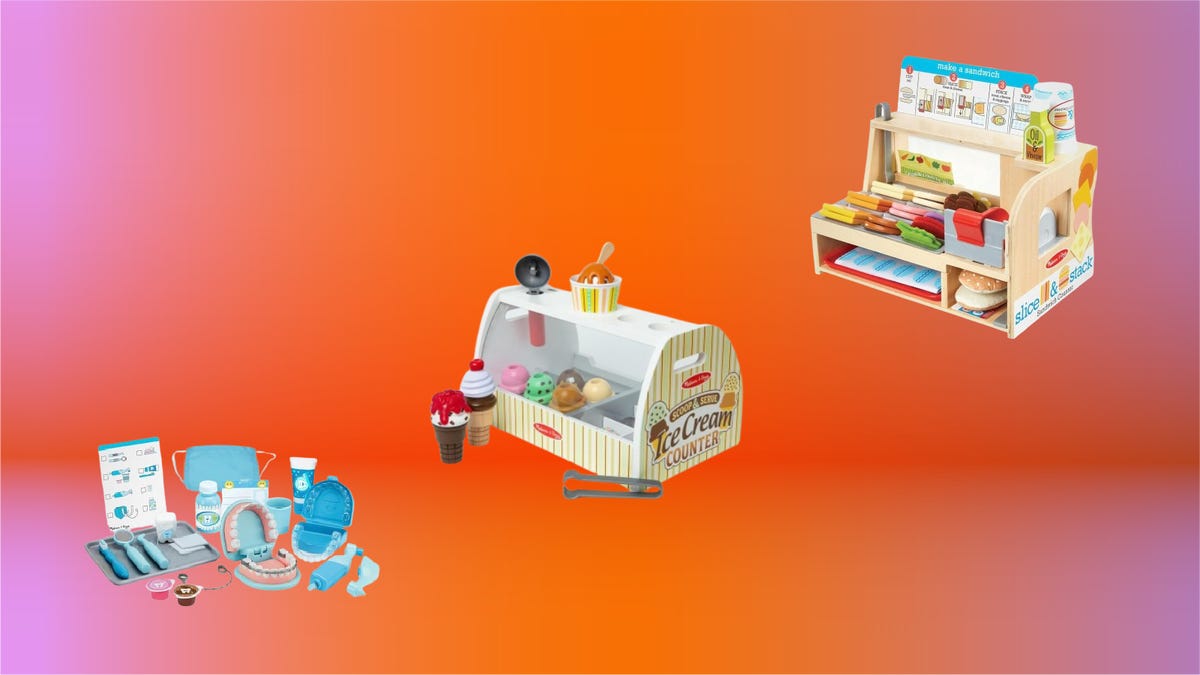 Melissa & Doug play sets on display against red gradient background.