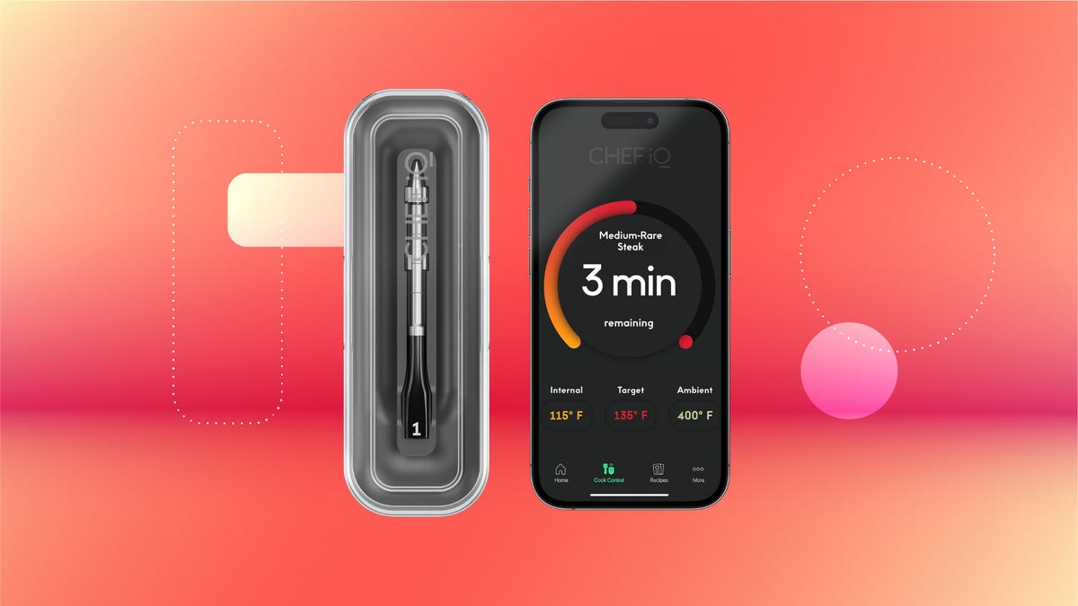 A single metal meat thermometer probe in a case next to a cell phone displaying the Chef IQ Sense app showing remaining cook time and meat temperature, set against an orange background.