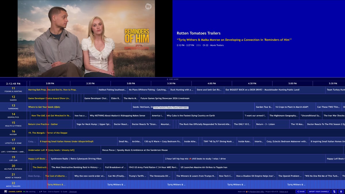 Channel Surfer program guide in blue with actors being interviewed in a preview pane.