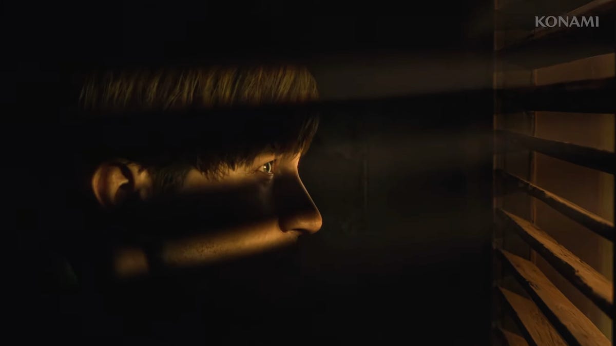 james sunderland inside a closet looking outside through the blinds