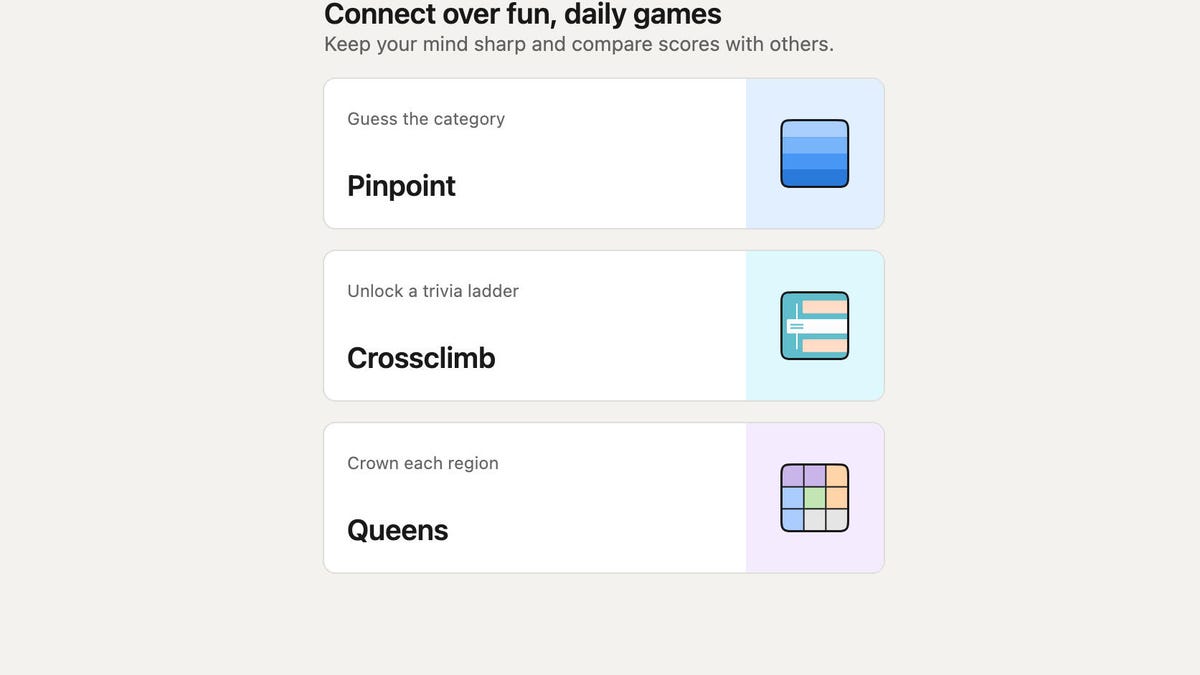 Screenshot showing the logos for LinkedIn's three new online games.