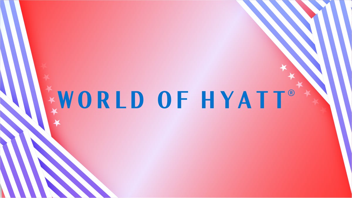 The World of Hyatt logo from Hyatt Hotels is displayed against a red, white and blue background.