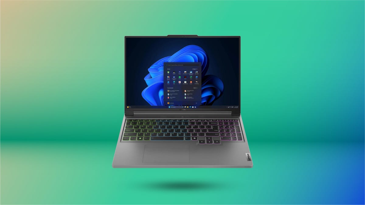 The Lenovo Legion Slim 5 gaming laptop is displayed against a gradient green background.