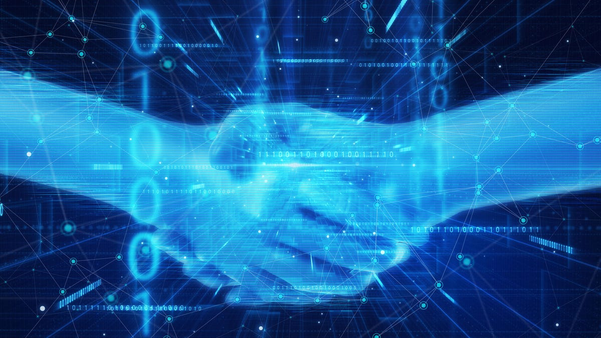 Abstract image of people shaking hands in digital cyberspace.