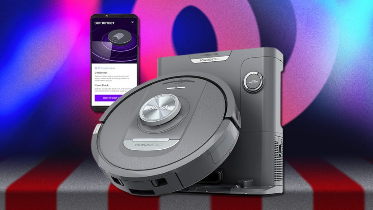 Shark PowerDetect vacuum cleaner against CNET's presidents day commerce background.