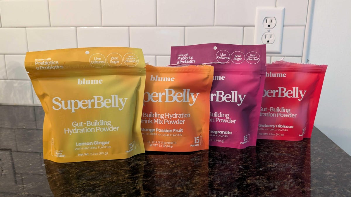 All the flavor varieties of the Blume SuperBelly hydration packets on my counter.