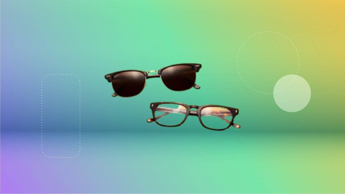 Glasses USA pair of sunglasses and black eyeglasses frames on a gradient rainbow background