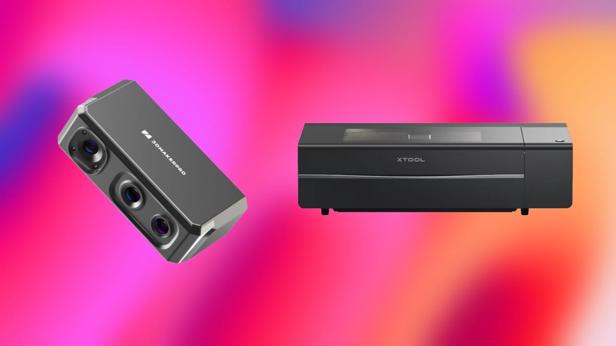 From left: 3DMakerPro laser cutter, right: xTool laser printer. Background: hot pink, orange and purple gradient.