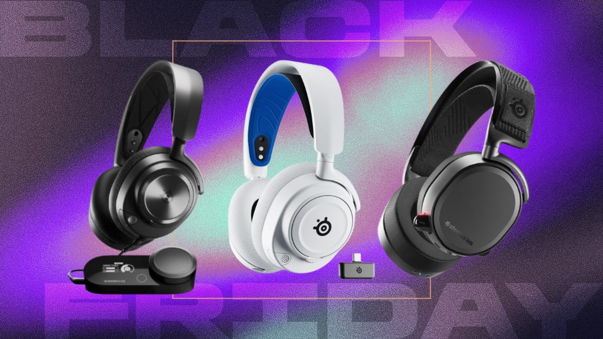 Three gaming headsets, two black and one white, displayed against a gradient violet background